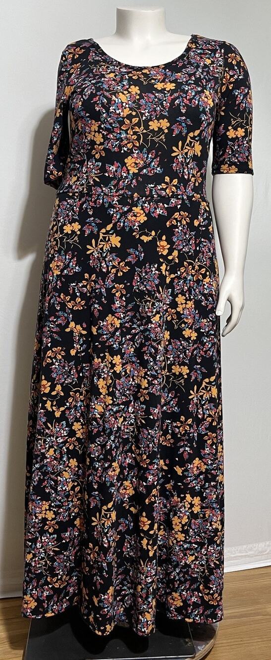 uLaRoe EUC Ana Maxi Dress 3XL Black Marigold Yellow Floral Stretch Elbow Sleeve